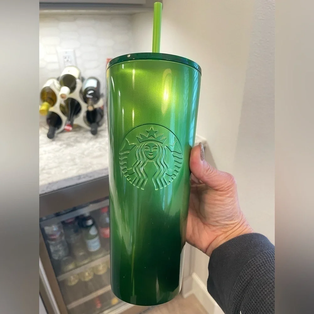Starbucks Lime 'Green Shine' Holographic Shifting SS Tumbler. NWT.”Cat eye vibe”